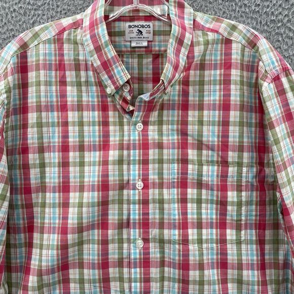 Bonobos Shirt Men's Large Red Green Plaid Preppy Slim Fit Seersucker Button Up - Picture 3 of 9